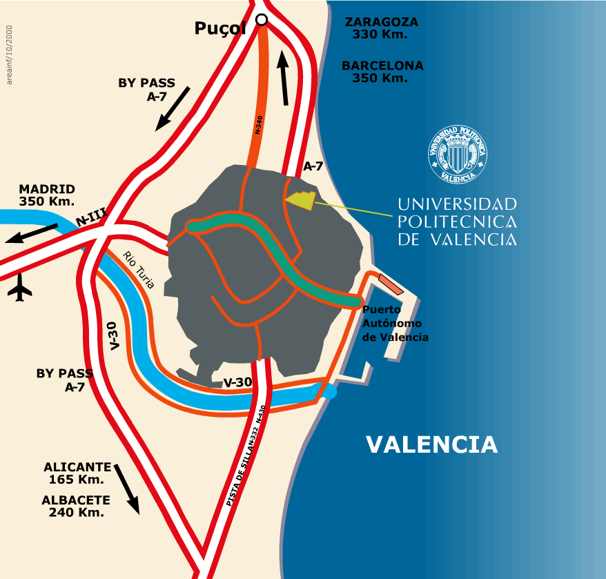 Mapa de como llegar a la UPV dentro de Valencia