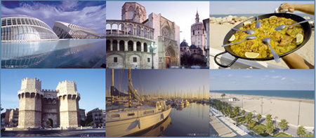 Six image mosaic, 
the city of the sciences, cathedral, paella, serranos tower, port and beach